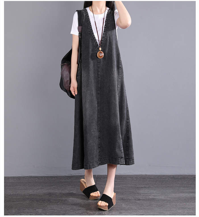 デニムワンピース レディース フランスの レトロ チェック 柄 ステッチ サスペンダー ドレス 女性 2025夏の シンプルで ゆったり 年齢を 感じさせにくい カジュアル ロング スカート