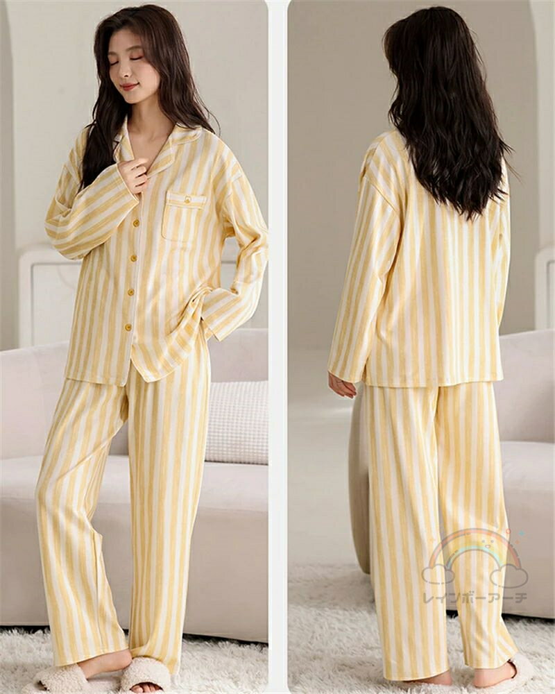 ペア パジャマ 長袖 男女2着 セット ストライプ 前開き シンプル カジュアル カップル 春 秋 長袖トップス ロングパンツ ルームウェア 綿 ポリエステル 冬 ペアパジャマ 結婚祝い プレゼント お祝い おもしろ 部屋着 春秋 夫婦 ギフト 上下セット レディース メンズ
