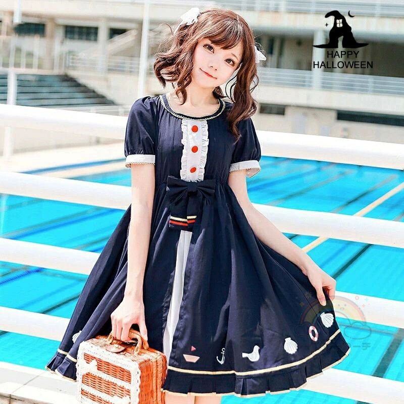ハロウィン コスプレ 仮装 ロリータドレス シンプル 日常 レディース 可愛い ネイビー クロス柄 ハロウ..