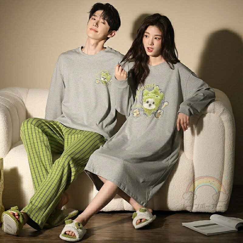 ペア パジャマ 長袖 男女2着 セット 綿100％ ワンピース かわいい uネック セットアップ カップル 春 秋 長袖トップス ルームウェア クルーネック 冬 コットン ペアパジャマ 結婚祝い プレゼント お祝い おもしろ 春秋 夫婦 ギフト 上下セット レディース 部屋着 メンズ