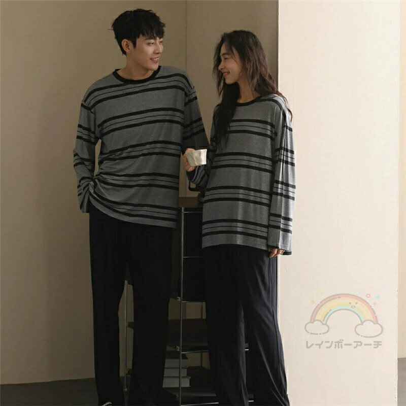 ペア パジャマ 長袖 男女2着 セット カップル 春 秋 ニット 長袖トップス? ストライプ ルームウェア クルーネック 綿 ポリエステル 冬 ペアパジャマ 結婚祝い プレゼント お祝い おもしろ 部屋着 春秋 夫婦 ギフト 上下セット レディース メンズ