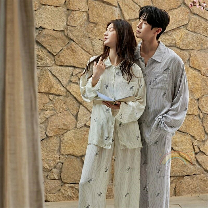ペア パジャマ 合成シルク 長袖 男女2着 セット カップル 春 秋 シルク ルームウェア 大きいサイズ 夏 ..