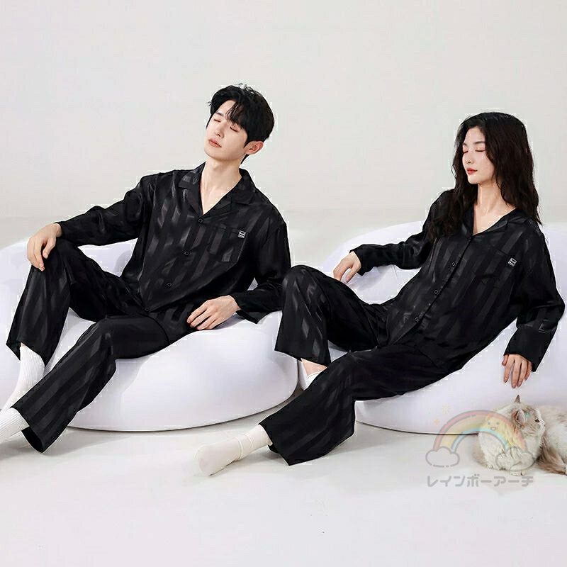 ペア パジャマ 合成シルク 長袖 男女2着 セット カジュアル セットアップ ゆったり カップル 秋 コンフォート ルームウェア 夏 レディース 2点セット 高級 サテン メンズ 結婚祝い プレゼント ペアパジャマ 春夏 シルクの質感 おすすめ セクシー おしゃれ 人気 部屋着