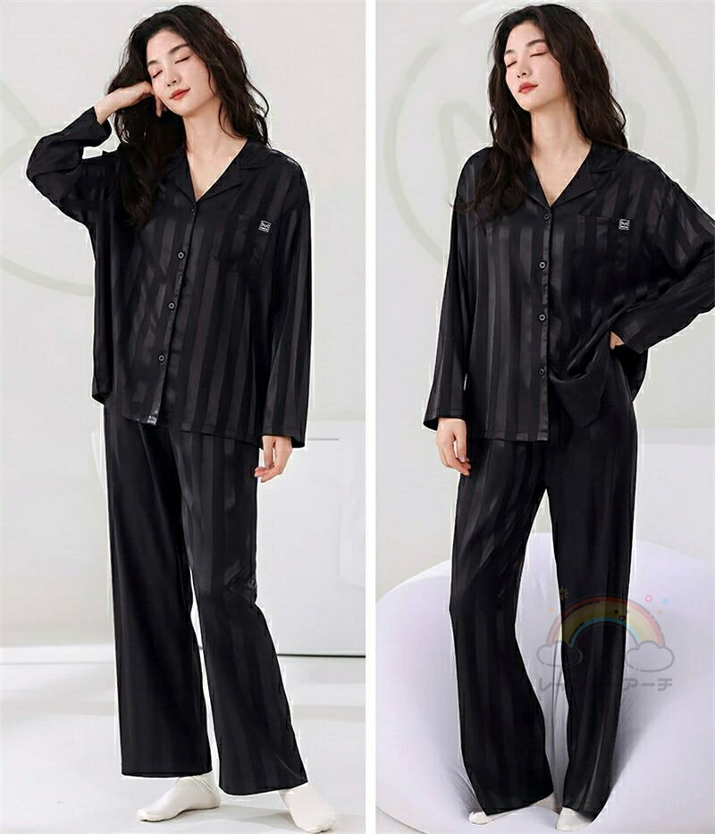 レインボーアーチのペア パジャマ 合成シルク 長袖 男女2着 セット カジュアル セットアップ ゆったり カップル 秋 コンフォート ルームウェア 夏 レディース 2点セット 高級 サテン メンズ 結婚祝い プレゼント ペアパジャマ 春夏 シルクの質感 おすすめ セクシー おしゃれ 人気 部屋着｜アングル3