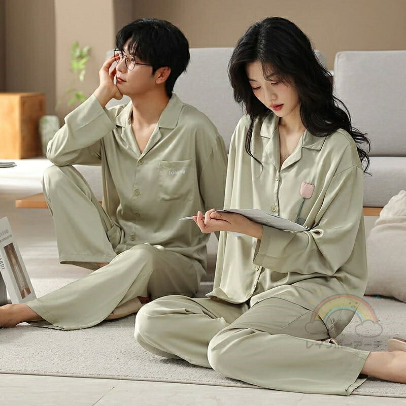 ペア パジャマ 合成シルク 長袖 男女2着 セット セットアップ 前開き カップル 春 秋 ストライプ シン..