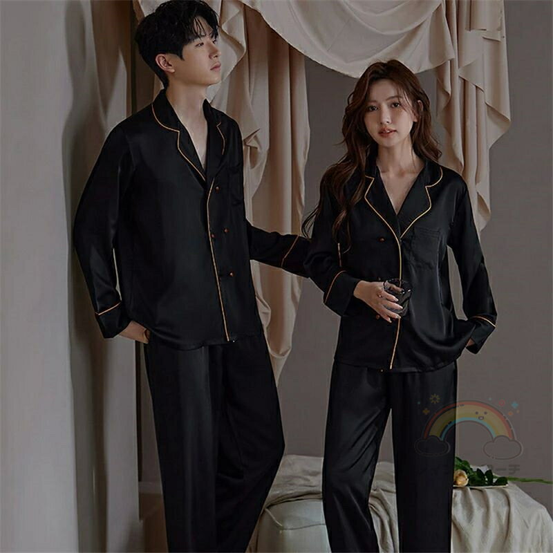 ペア パジャマ 合成シルク 長袖 男女2着 セット 春 シルク セットアップ カップル ルームウェア 夏 レディース 2点セット 高級 サテン メンズ 結婚祝い プレゼント ペアパジャマ 春夏 シルクの質感 おすすめ セクシー おしゃれ 人気 部屋着