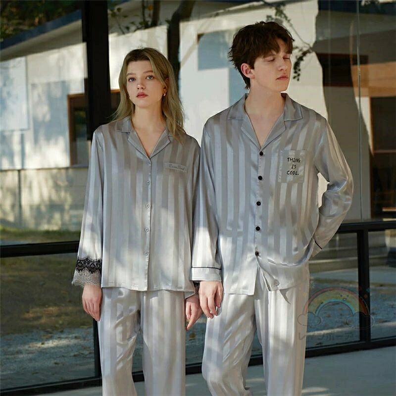 ペア パジャマ 合成シルク 長袖 男女2着 セット カップル 長袖トップス シルク ルームウェア 夏 レディ..