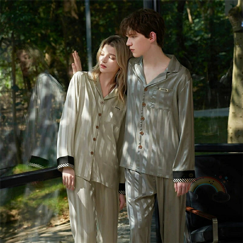 ペア パジャマ 合成シルク 長袖 男女2着 セット カップル 長袖トップス ストライプ シルク ルームウェア 夏 レディース 2点セット 高級 サテン メンズ 結婚祝い プレゼント ペアパジャマ 春夏 シルクの質感 おすすめ セクシー おしゃれ 人気 部屋着