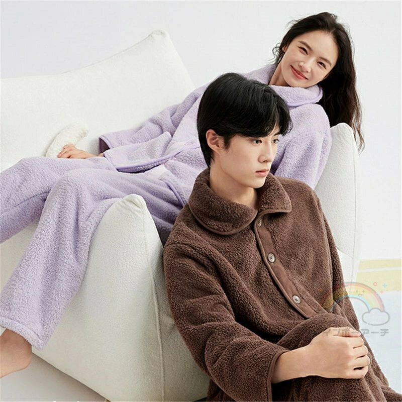 ペアパジャマ もこもこ 冬 男女2着 セット 厚手 防寒 裏起毛 セットアップ パジャマ ハイネック おしゃれ カップル ペア ルームウェア 長袖 前開き レディース 夫婦 メンズ 上下セット 秋 結婚祝い プレゼント お祝い お揃い ギフト 記念日 部屋着