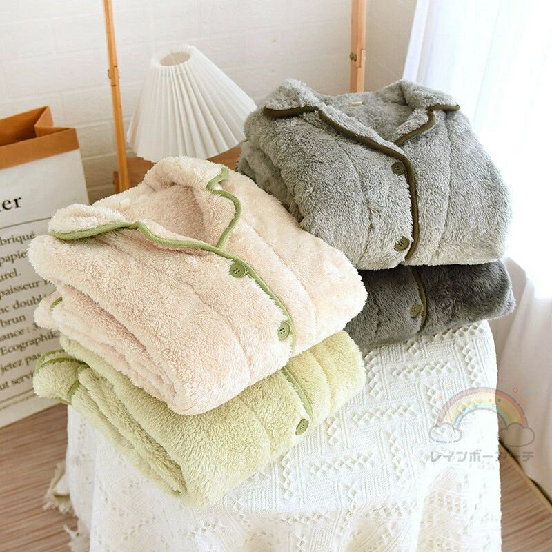 ペアパジャマ もこもこ 冬 厚手 セットアップ カップル パジャマ シンプル 無地 長袖トップス ロングパ..