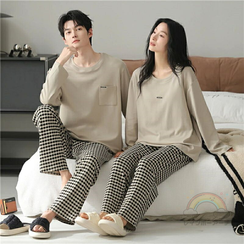 ペア パジャマ 長袖 男女2着 セット シンプル おしゃれ カジュアル 冬 uネック セットアップ カップル ..