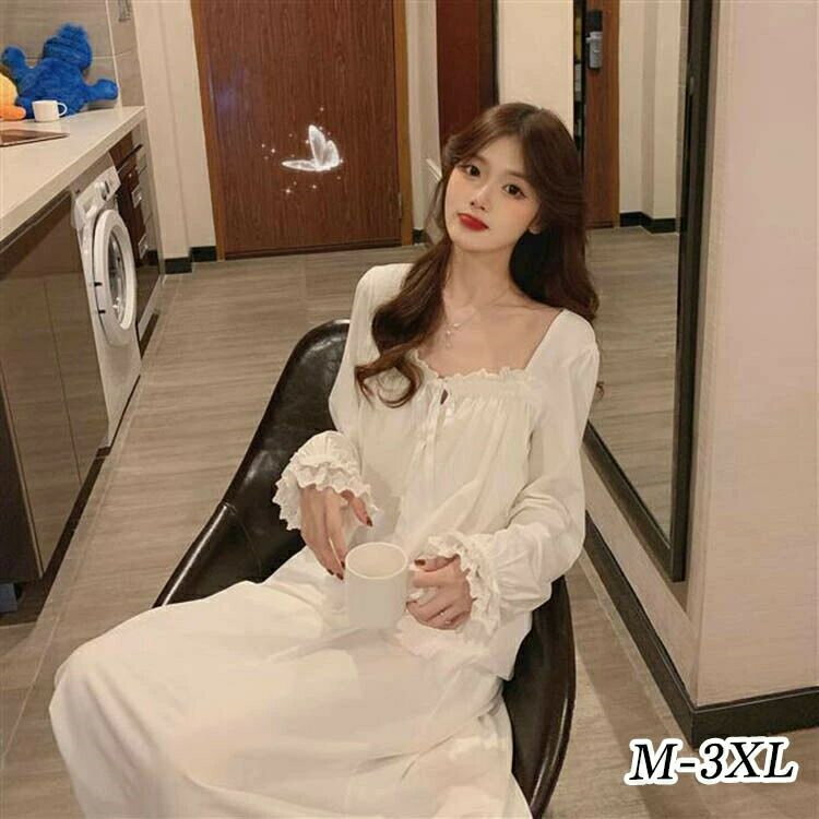 ネグリジェ ワンピース パジャマ ルームウェア レディース 女性 フリル フレア ロング丈 長袖 レース かわいい プレゼント 可愛い