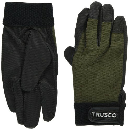 TRUSCO　PU薄手手袋エンボス加工　OD　L ●革より柔らかい新素材を使用しています。●柔軟性・通気性・透湿性に優れ、快適に作業ができます。●エンボス加工を施し、グリップ性能に優れています。●洗濯が可能で素早く乾きます。また、色落ちもしません。 ●内装工事、建築土木、重機運転に。 ●サイズ:L●全長(cm):22.5●手のひら周り(cm):20.0●中指長さ(cm):8.8●色:OD●質量(g):40 ●袖口:マジックタイプ●厚み:0.5mm ●掌部:ポリウレタン樹脂（裏地ナイロン）●手甲部:ポリエステル
