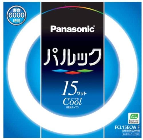 サイズ:ガラス管径 2.6×外径(内径) 17.0(11.8)cm 本体重量:0.093Kg 生産国:日本 定格寿命:6,000時間(定格寿命は平均値であり、保証値ではありません。) 仕様1:種別=15形、光色=クール色、口金=G10q、定格ランプ電力=15W(点灯菅付き器具の場合)、ランプ電流=0.300A(点灯菅付き器具の場合) 仕様2:全光束 (ランプ単体の明るさ)=770 lm、色温度=7200K 仕様3:適合点灯菅=FG-1E(L)・FG-1P(L)、適合電子点灯菅=FE7E・FE1E