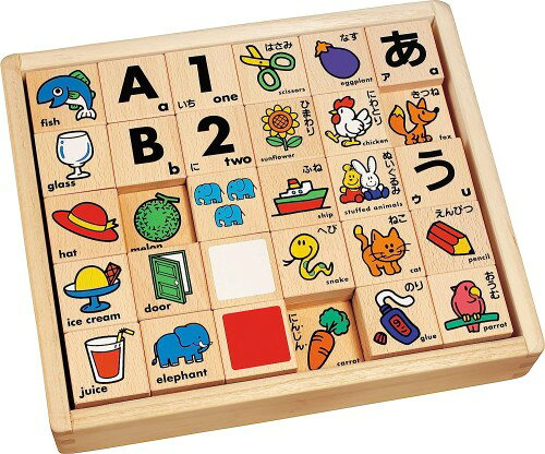 遊びながら自然にひらがな・アルファベット・数字を学べる、ロングセラーのつみきです。 ひらがなピース、すうじピース、アルファベットピース、色ピースのそれぞれ片面にはイラスト、もう片面にはひらがなや数字・アルファベットなどが印刷されています。 かたちつくり、お気に入り遊び、かるた取り、なかま集め、しりとり、名前作り、並べかえ、ことば作り等、遊び方が幾通りもあります。 付属のひらがな・アルファベットの表を使ってさらに学びが深まります。 対象年齢:2歳～/セット内容:ひらがな46枚、アルファベット26枚、すうじ10枚、いろ4枚、スペア(印刷なし)4枚、木製ケース1個、もじのひょう・解説書2枚/日本製