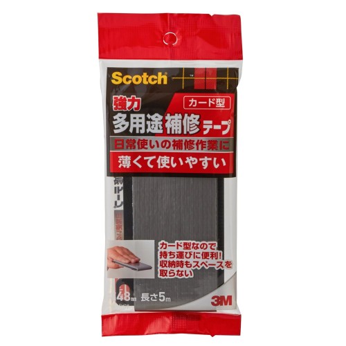 さまざまな素材に使えて、日常的な補修をピタッと解決!薄くて使いやすい補修テープ。金属、タイル、プラスチック、木材、ガラスなど、さまざまな素材に対応できます。補修、梱包、結束等、多くの用途に利用できます。 ハサミを使わずに手軽に切れる!強い接着力なのに、手で切れる補修テープ。ハサミやカッターを使わずに、すばやく作業ができます。 屋内での補修に！一時的な屋内の補修や梱包、固定、仮固定に。テープが薄いので巻いても使いやすい。 製品情報数量: 1巻(182g) / サイズ(厚みx幅x長さ): 0.20mm×48mm×5m / 基材: ポリエチレン(ポリエステルメッシュ入り)、 粘着剤: ゴム系