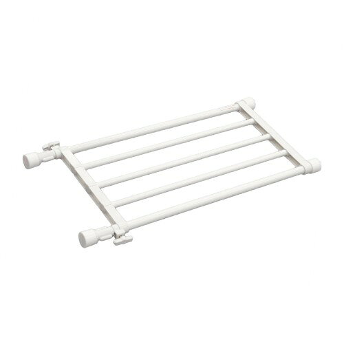 サイズ幅45-67×高2.5×奥行23cm(棚部奥行20.5cm) 　 取付幅45~67cm 耐荷重45cm時15kgまで/67cm時10kgまで 本体重量0.3kgカラーホワイト 材質〈パイプ〉鉄・エポキシ樹脂粉体塗装 〈樹脂部分〉ABS樹脂・合成ゴム 〈ねじ類〉鉄・メッキ ネジ・釘不要・取り付け取り外しが簡単 いろんな空間を簡単にムダなく効率化できる突っ張り棚。段差のある壁にも取り付けできる。