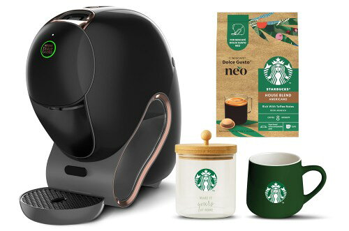 「ネオ カフェ シェア」のマシンと「ネオ」専用紙製コーヒーポッド「スターバックス ハウス ブレンド」と、「スターバックス ガラスキャニスター」と「スターバックス グリーンマグカップ」が入ったセット テクノロジーで目覚める、真のおいしさ。紙製コーヒーポッドを⼊れたら、⾃動で淹れ分け。 3種の抽出モードとスターバックス含む厳選されたレギュラーコーヒーで本格的なコーヒータイムを。 紙製コーヒーポッド。自宅でのコンポスト（堆肥）も可能。使⽤後は堆肥の中で⽣分解。 本体をアプリに接続して⾃分の思いどおりにコーヒーをカスタマイズ。