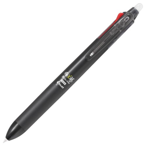 こすると消えるボールペン「フリクション」3色 サイズ最大径Φ12.8mm、全長145mm ボール芯0.5mm、本体：ブラック、インク色：黒・赤・青 仕様フリクションインキ、クリップスライドノック式