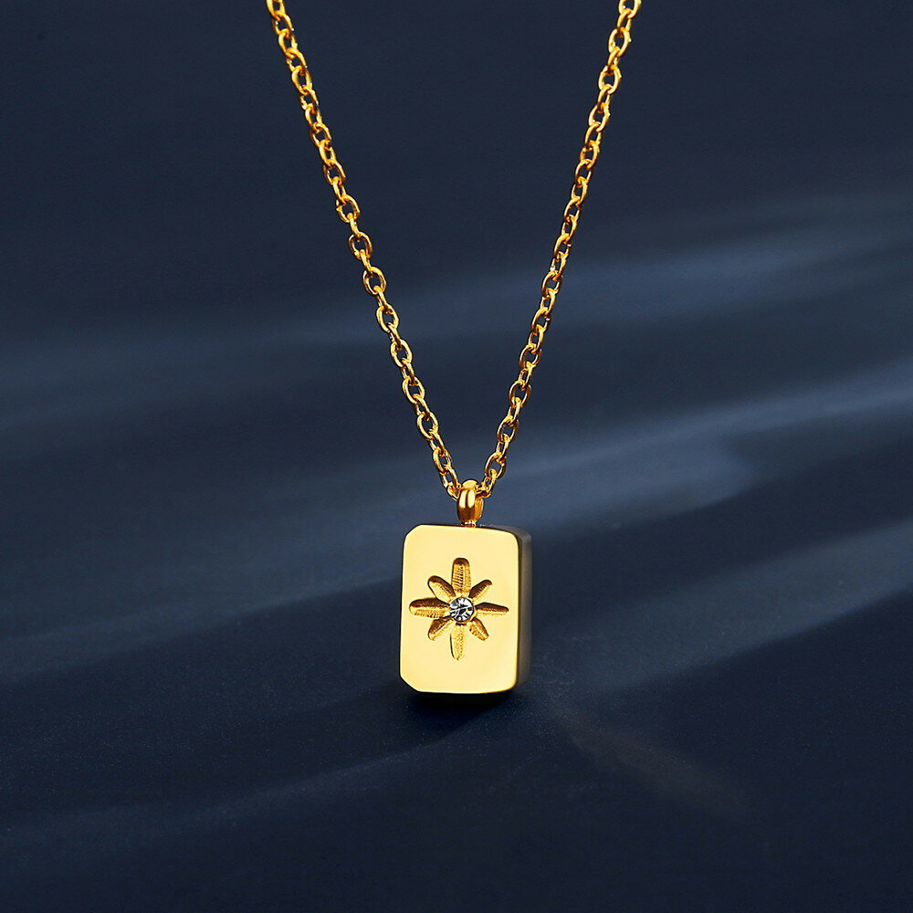 ネックレス キュービックジルコニア ホワイト ステンレス イエローゴールド 小豆 アズキチェーン 可愛い かわいい モチーフ 太陽 タグプレート 41cm+6cm パッケージ付き