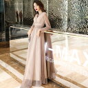 2色 パーティードレス 個性的 かっこいい 長袖 きれいめ 透け感 キラキラ チュール 結婚式 二次会 お呼ばれ フォーマル ロングドレス 演奏会 ピアノ 発表会 ドレス 大人 可愛い カシュクール 袖あり ベージュ 赤 レディース イブニングドレス エレガント Aライン ワンピース