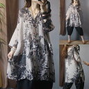 ロング シャツ ブラウス ボタニカル 水墨画風 個性的 アジアン エスニック 袖あり 春 夏 トップス 薄手 Vネック 涼しげ 爽やか ゆったり ミドル丈 シンプル エレガント 上品 白 トップス きれいめ レディース グレー 灰色 ワンサイズ フリーサイズ 春 夏 秋 ルーズ シャツ マ