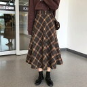 チェックスカート ロングスカート フレアスカート スカート ボトムス レディース 秋冬 ハイウエスト Aライン ロング ミモレ丈 格子縞 チェック柄 ブラウン ...