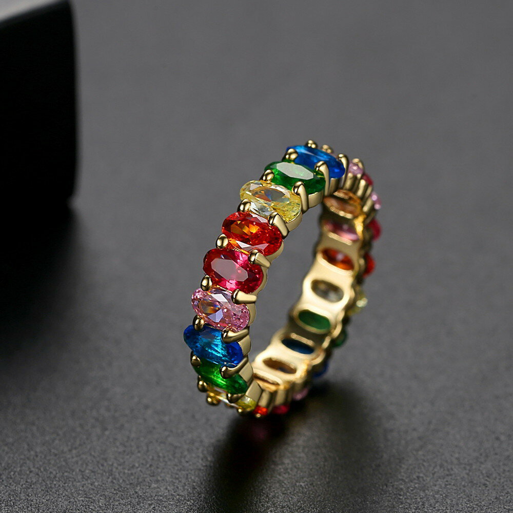 リング キュービックジルコニア ホワイトとマルチカラー 真鍮 イエローゴールド シルバー 11号 14号 16号 18号 大人気 フルエタニティ レインボーカラー 幅5mm
