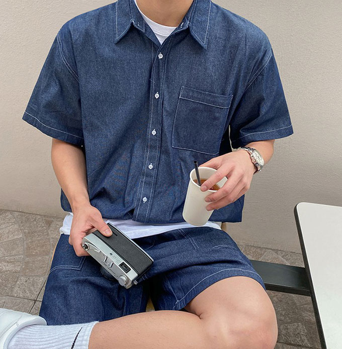 デニム カジュアル ボトムス 短パン 上下セット セットアップ 半ズボン 運動着 通学 ジャージ デニムセット メンズ 夏服 半袖シャツ ワークシャツ ハーフパンツ 薄手ゆったり スポーツランニング ファッション 韓国