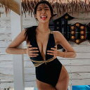 ワンピース 水着 大胆 胸元 セクシー 黒 ホルターネック つなぎ オールインワン 韓国風 かっこいい 女っぽ 金色 ゴールド リボン 紐 バイカラー きれいめ...