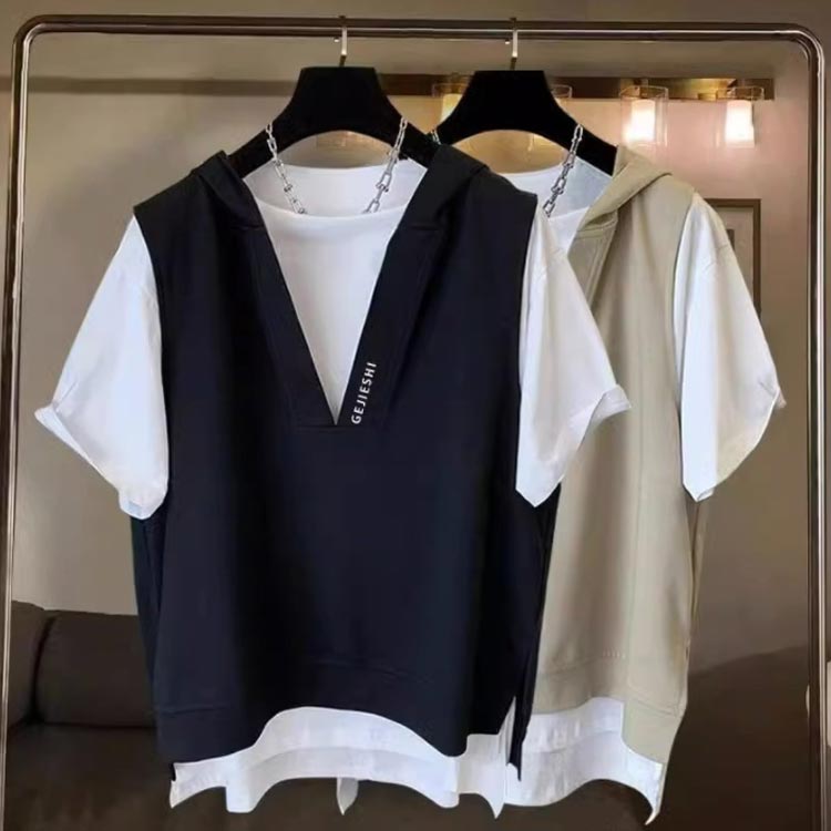 Tシャツ サイドスリット フード付きtシャツ 夏 カットソー メンズ フード付き パーカー おしゃれ トップス 大きいサイズ 半袖 半袖tシャツ レイヤード風 レディース プルオーバー 夏服 重ね着風