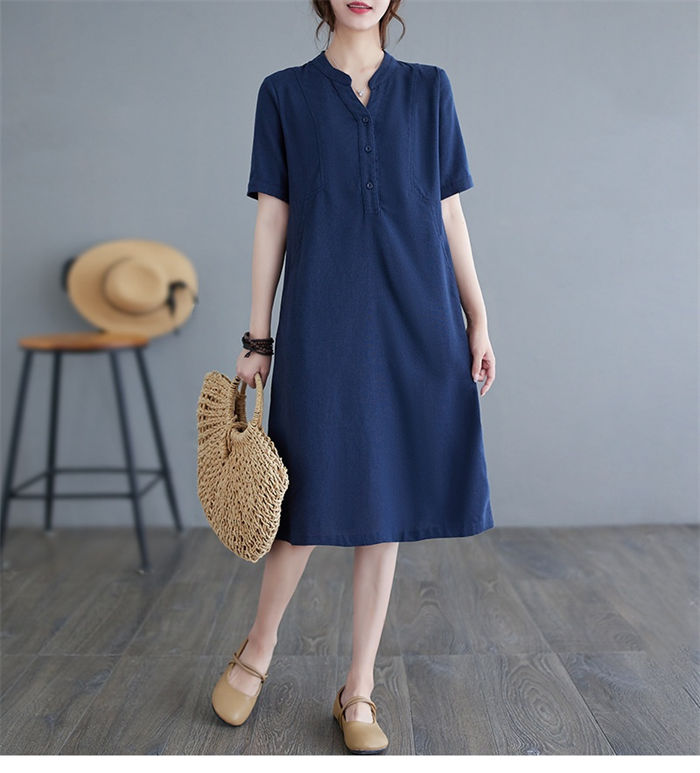 ワンピース レディース ロングワンピース 半袖 シンプル 春 夏 綿麻風 おしゃれ 大きいサイズ ロング丈 膝下丈 Vネック Aライン ワンピ 体型カバー 無地 きれいめ 母の日 プレゼント アウター コットン カジュアル ナチュラル 夏 秋 柔らかい ワンピース 30代 40代 50代