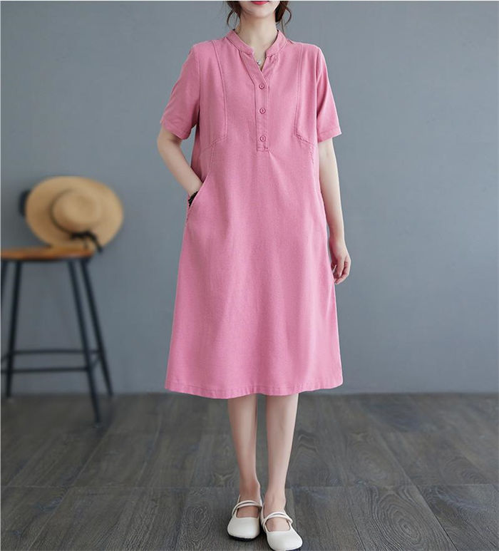 ワンピース レディース ロングワンピース 半袖 シンプル 春 夏 綿麻風 おしゃれ 大きいサイズ ロング丈 膝下丈 Vネック Aライン ワンピ 体型カバー 無地 きれいめ 母の日 プレゼント アウター コットン カジュアル ナチュラル 夏 秋 柔らかい ワンピース 30代 40代 50代