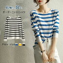 tシャツ ボーダー レディース 春 秋 ボーダービッグプルオーバー ブラウス カットソー トップス ニット 大きいサイズ ロンT ストレッチ 長袖 ニットtシャ...