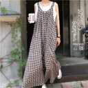 サロペット パンツ レディース ワイドパンツ オールインワン 春 大きいサイズ チェック ガウチョパンツ ロングパンツ オーバーオール 体型カバー ゆったり 美脚 綿 着痩せ ロング リラックス カジュアル風 夏 涼しい お洒落 コーデ ナチュラル
