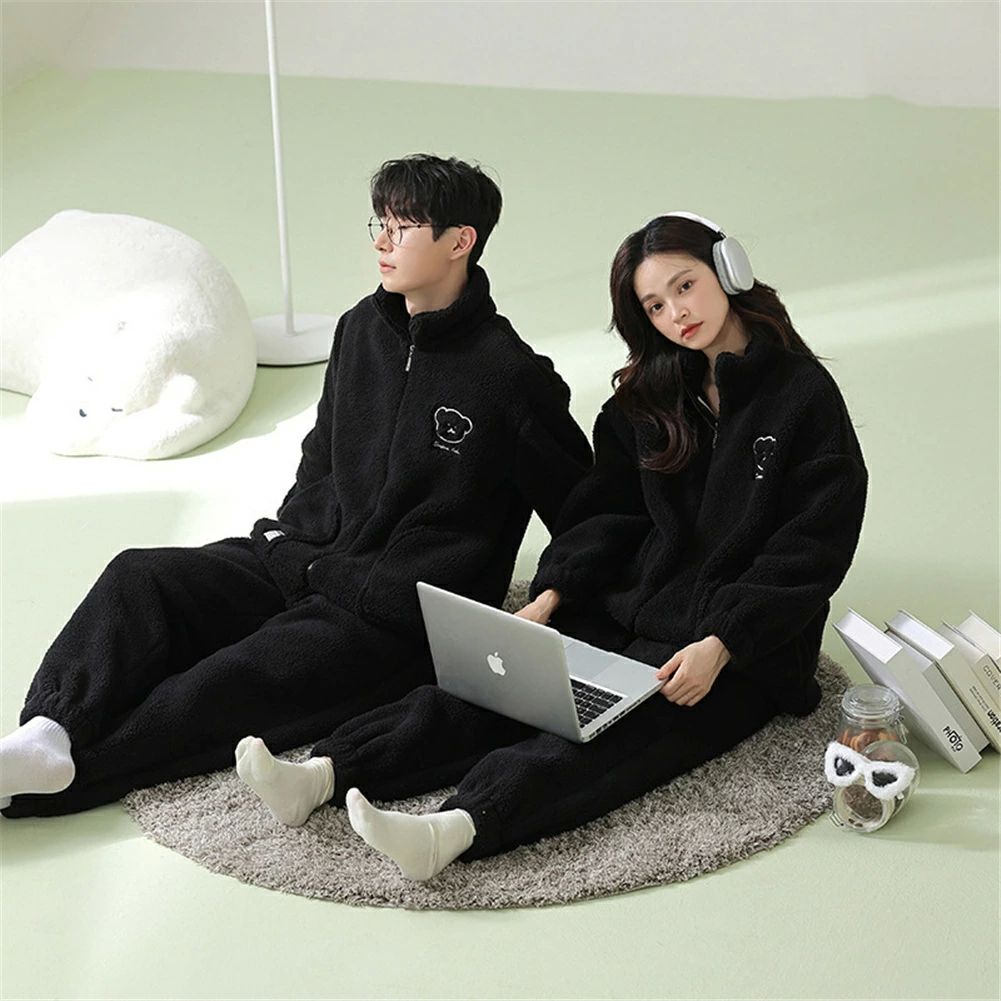 ペアパジャマ 冬 モコモコ 男女2着 セット 長袖 前開き スタンド襟 クマ シンプル カップル ペア ルームウェア ペア パジャマ 夫婦 もこもこ メンズ 秋 結婚祝い プレゼント ペアパジャマ カップル お揃い プレゼント ギフト ルームウェア モコモコ 部屋着