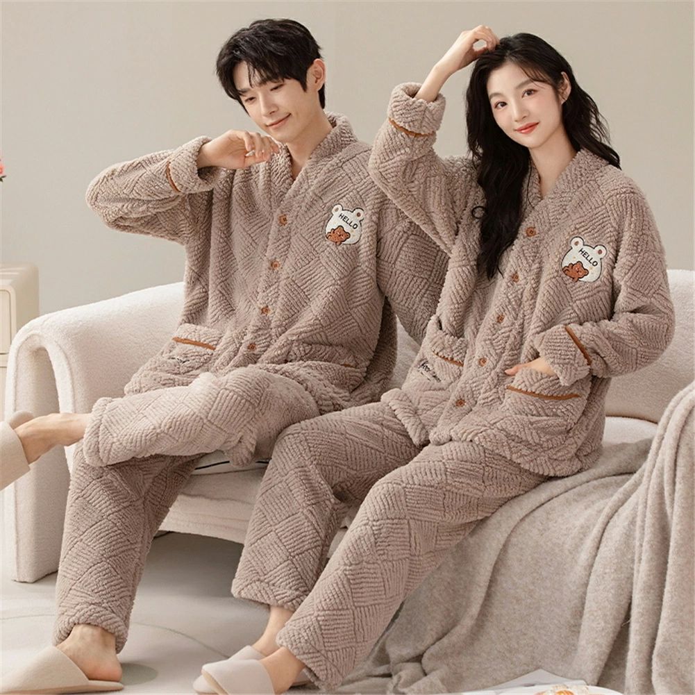 ペアパジャマ 冬 モコモコ 男女2着 セット 長袖 前開き クマ Vネック シンプル カップル ペア ルームウェア ペア パジャマ 夫婦 もこもこ メンズ 秋 結婚祝い プレゼント ペアパジャマ カップル お揃い プレゼント ギフト ルームウェア モコモコ 部屋着