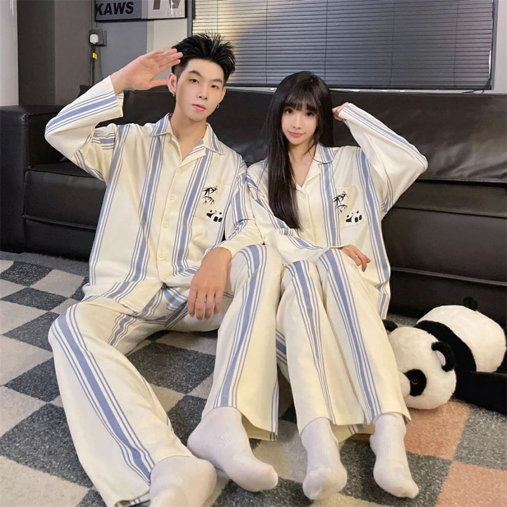 ペア パジャマ 長袖 男女2着 セット 秋 冬 前開き パンダ ストライプ ファッション ペア ルームウェア 結婚祝い プレゼント カップル ペア パジャマ 冬 ギフト 上下 セット 部屋着 春秋 パジャマ ペア 長袖 ペアルック おそろい メンズ パジャマ 記念日 プレゼント