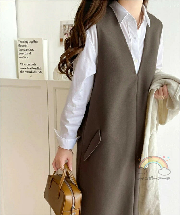 ジャンパースカート レディース 秋 深め キーネック ロング丈ジャンパースカート ジャンスカ ワンピース スカート バックスリット 無地 iラインワンピアース 体型カバー ゆったり ビッグシルエット レイヤード 大人 フォーマル 春 夏 冬