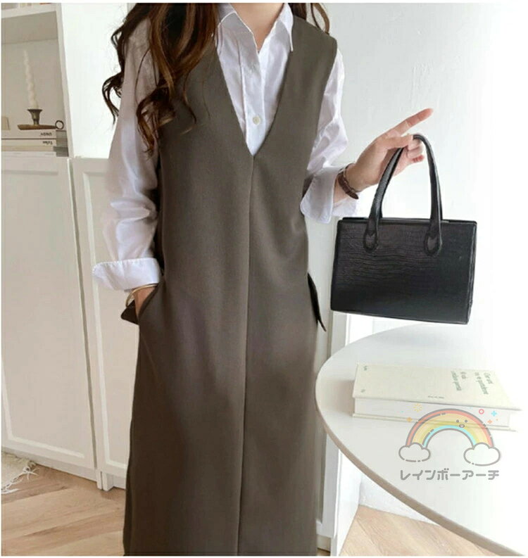 ジャンパースカート レディース 秋 深め キーネック ロング丈ジャンパースカート ジャンスカ ワンピース スカート バックスリット 無地 iラインワンピアース 体型カバー ゆったり ビッグシルエット レイヤード 大人 フォーマル 春 夏 冬