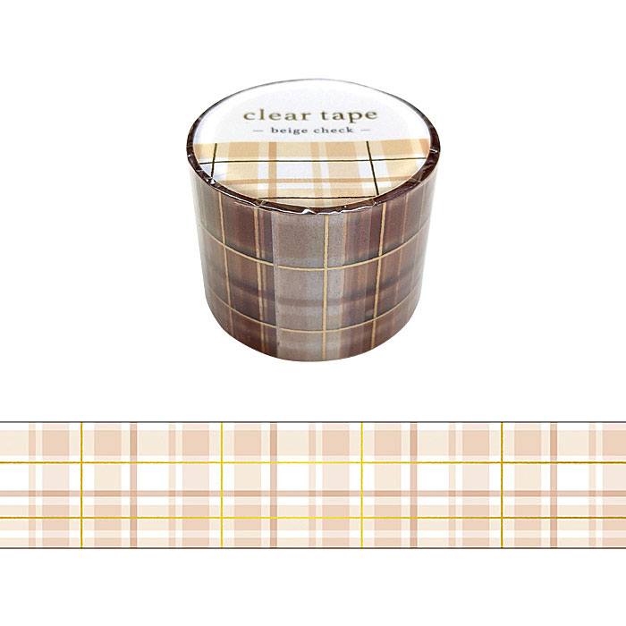 【マインドウェイブ】透明クリアテープ箔押し　beige check　30mm