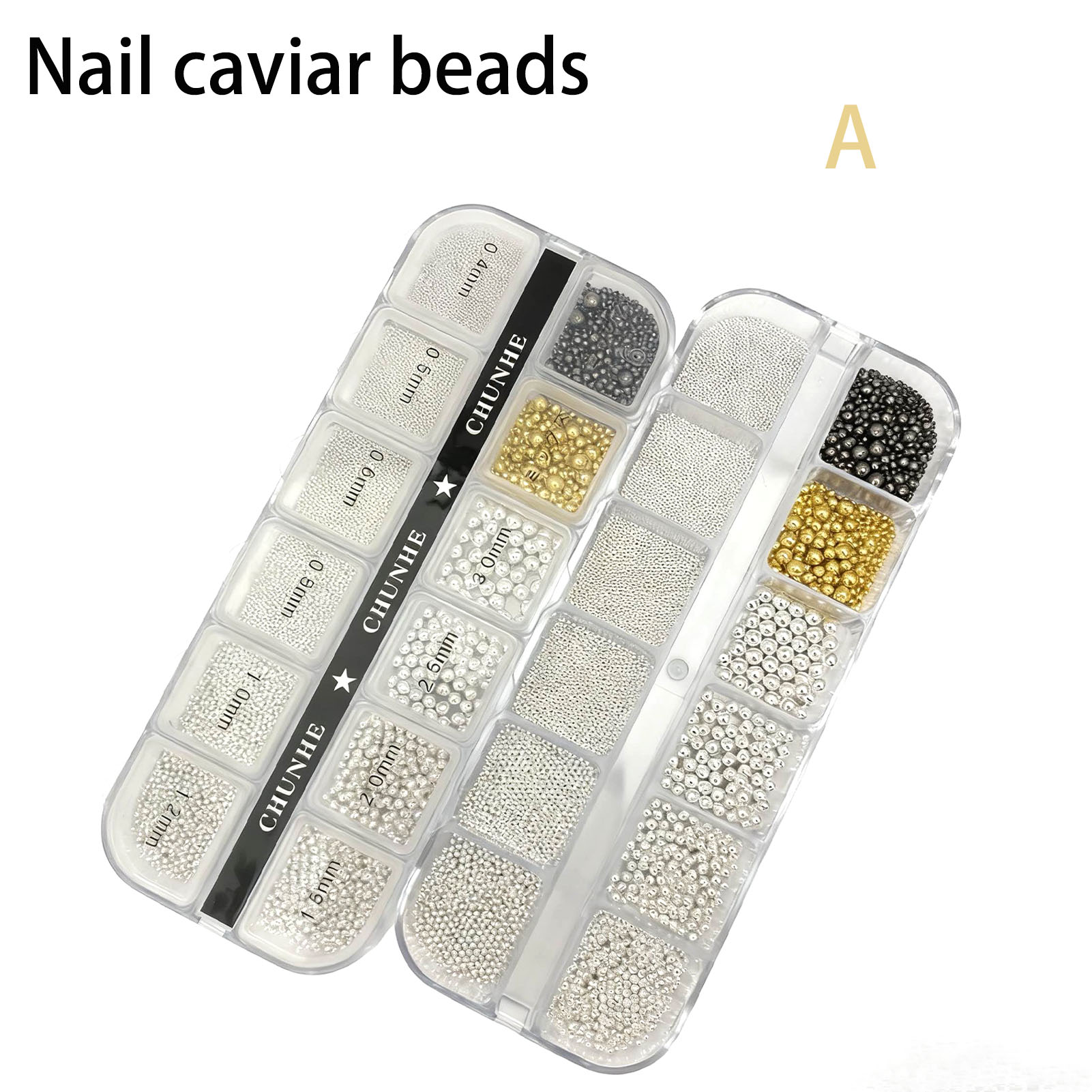 CHUNHE 3Dメタルボール ネイルパーツ 12グリッド|0.4〜3mm 超極小〜各種サイズ|ゴールド/シルバー/ローズゴールド/ブラック|穴なしデザイン・極...