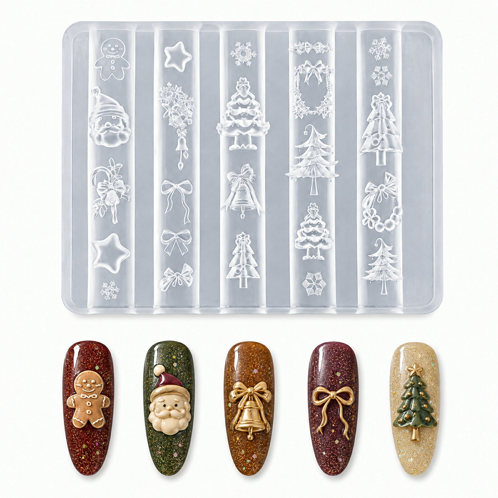 CHUNHE CHRISTMAS COLLECTION お気に入りの色で作る わたしだけのクリスマスネイル サンタ・ツリー・雪の結晶など、冬のモチーフを指先に。 ジェル・UVレジンで立体パーツが作れるシリコンモールド。 ジェル・UVレジン対応 ／ 柔らかいシリコン素材 ／ 水洗い・繰り返し使用OK クリスマスの楽しみを、ネイルパーツ作りから クリスマスツリーやサンタクロース、ジンジャーブレッドマンなど、 季節感のあるモチーフをまとめたネイル用シリコンモールドです。 お好みのカラーのジェルやUVレジンを使って、 ネイルアートに取り入れたい立体パーツを手作りできます。 赤と緑で華やかに、白やクリアカラーでやさしく。 ベースカラーに合わせてパーツの色を変えれば、 セルフネイルやネイルチップ作りのアレンジが広がります。 クリスマス＆冬ネイルに使えるモチーフ サンタクロース・ジンジャーブレッドマン 表情のあるモチーフで、遊び心のあるクリスマスネイルに。 クリスマスツリー・リース 緑や白、ゴールド系の彩色など、配色を楽しめるデザイン。 雪の結晶・星 クリスマスはもちろん、冬のネイルアートにも取り入れやすいモチーフ。 リボン・ベル 主役のパーツとしても、ほかのモチーフと組み合わせるアクセントとしても。 立体感を楽しむ、3Dネイルパーツ ツリーの飾りやリボンのライン、雪の結晶の模様など、 細部のデザインを取り入れたモールドです。 単色で仕上げてシンプルなアクセントにしたり、 硬化後に細部を彩色して華やかに仕上げたり。 手描きだけでは表現しにくい立体モチーフを、 ネイルチップやジェルネイルの装飾に取り入れられます。 ジェルにもUVレジンにも対応 ネイルパーツ作りに モールドでの成形に適したジェルを使い、 ベースカラーに合わせたネイル装飾を作れます。 セルフネイルやネイルチップ制作におすすめです。 レジンパーツ作りに UVレジンを使った小さなクリスマスモチーフの制作にも。 完成したパーツは、ハンドメイド作品や小物のデコレーションに活用できます。 ※材料の種類・厚み・着色の濃さによって硬化条件は異なります。 使用するジェル・UVレジンの説明に従ってください。 柔らかく、型から取り出しやすい 柔軟性のあるシリコン素材を採用。 材料が十分に硬化したことを確認し、 型を軽く曲げながらゆっくりパーツを取り出せます。 雪の結晶やリボンなど、細い部分のあるモチーフは、 無理に引っ張らず周囲から少しずつ外してください。 取り出した後は、必要に応じてはみ出した部分を整えて仕上げます。 基本の使い方 STEP 1　モールドを準備 型の中に汚れや水分がないことを確認します。 STEP 2　材料を入れる モールドでの成形に適したジェルまたはUVレジンを入れます。 細部まで材料を行き渡らせ、気泡があれば取り除きます。 STEP 3　ライトで硬化 材料に指定されたライトと条件で十分に硬化させます。 STEP 4　型から取り出す 硬化を確認し、モールドを軽く曲げながらゆっくり取り出します。 STEP 5　彩色・装飾 必要に応じて彩色し、ネイル用の固定材料で装着します。 レジン作品のデコレーションにもお使いいただけます。 水洗いして、繰り返しパーツ作り 使用後は残った材料を取り除き、水洗いして十分に乾燥させてください。 繰り返し使用できるため、色違いのパーツ作りや、 クリスマスネイルのデザイン試作にも便利です。 鋭利な道具で型の内側を傷つけないようにお手入れし、 直射日光を避けて保管してください。 商品情報 ブランド CHUNHE 商品 クリスマスモチーフ シリコンモールド 素材 シリコン 対応材料 モールドでの成形に適したジェル・UVレジン モチーフ サンタクロース、クリスマスツリー、ジンジャーブレッドマン、 雪の結晶、リボン、ベル、リース、星 用途 ネイルパーツ制作、3Dネイル、ネイルチップ制作、 レジンパーツ制作、ハンドメイド小物の装飾 ご購入・ご使用前に ・本商品はパーツ制作用のシリコンモールドです。 画像の完成パーツ、ネイルチップ、ジェル、UVレジン、ライトなどは使用例です。 ・仕上がりは使用する材料、着色方法、硬化条件によって異なります。 ・未硬化のジェルやUVレジンが皮膚に触れないよう、 使用する材料の注意事項に従って作業してください。 ・細いパーツは強く引っ張らず、十分に硬化してから取り出してください。 ・モチーフが爪に収まるか確認し、爪の幅や長さに合うものをお選びください。