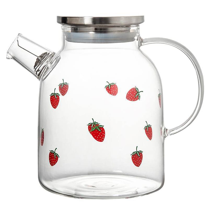 【1600ml】ガラスティーポット 耐熱ガラス イチゴ柄 可愛い 取り外し可能 花茶＆ルーズリーフティー用