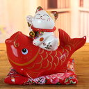 セラミック招き猫フィギュア招き猫フォーチュンキャット貯金箱ラッキーチャーム貯金箱猫と魚 赤-Red