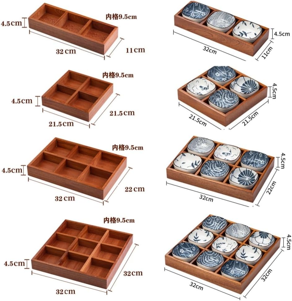 豆皿 小皿 セット 陶器 食器 寿司皿 セット仕切りトレー 木製 トレイ深型 仕切り付き 果物 ケース 天然木 小さい皿 小鉢 調味料皿 醤油皿 前菜皿 受け皿 漬物皿 珍味入れ 盛り鉢 和食器 セラミック アイスクリーム ソース皿 火鍋 焼肉屋 寿司屋 (豆皿付き,3/4/6/9つ仕切り)のサムネイル