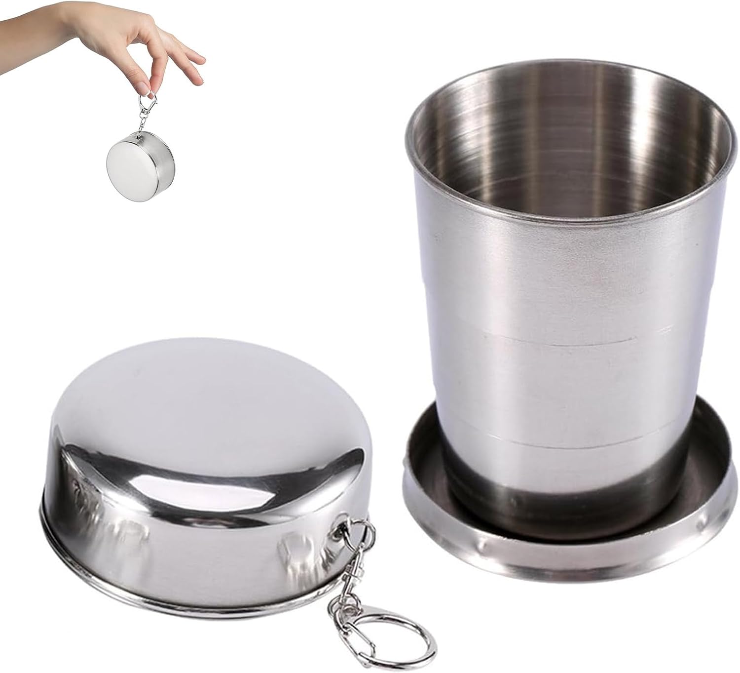 折りたたみコップ ステンレス アウトドア トラベル 携帯コップ 伸縮収納式 キーホルダー付き 持ち運び便利 軽量 環境に優しい ハイキングに最適 アウトドア キャンプ用 旅行に最適（150ml 2個）