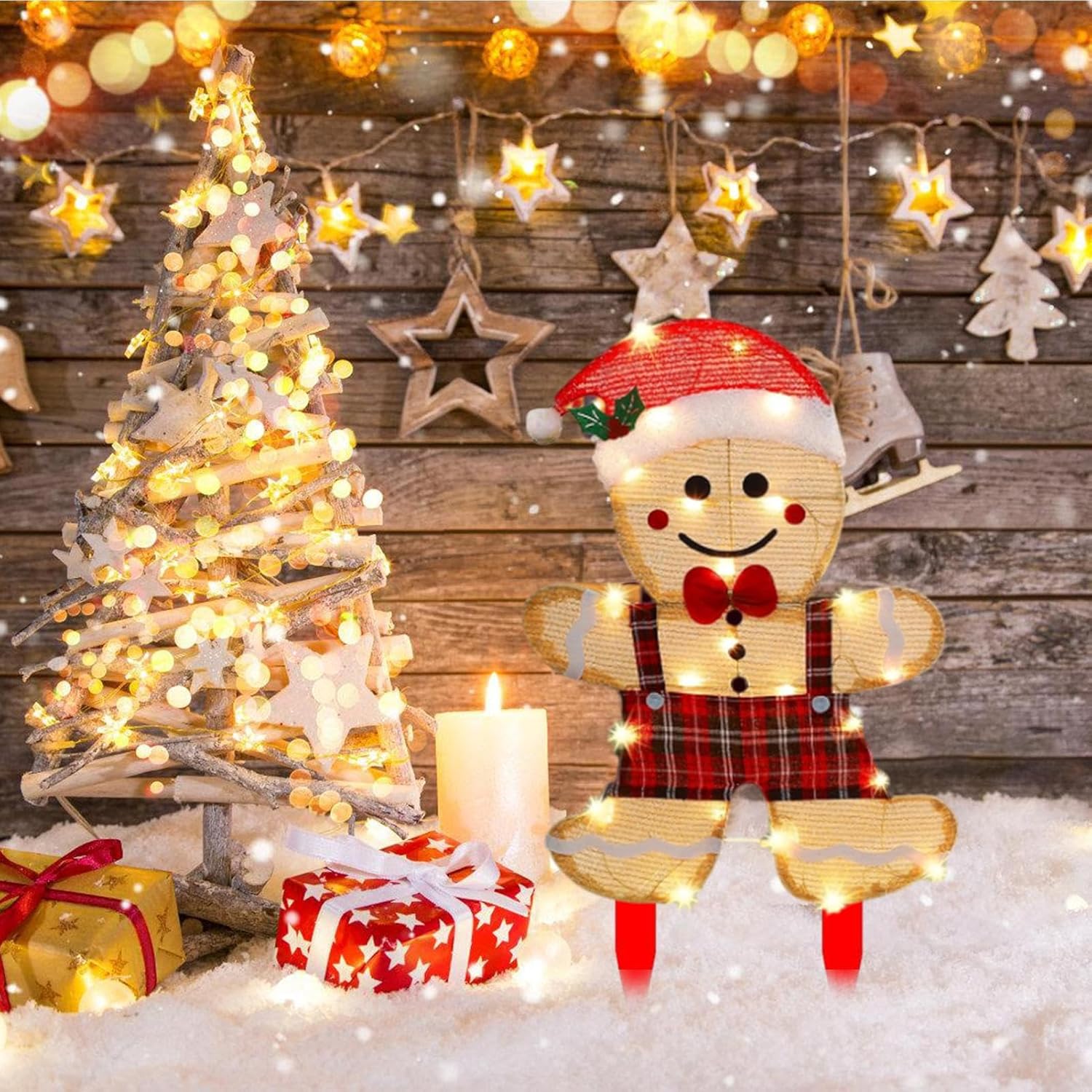 鉄製のジンジャーブレッドマンの飾り クリスマス屋外装飾中庭光る2Dジンジャーブレッドマンクリスマス..