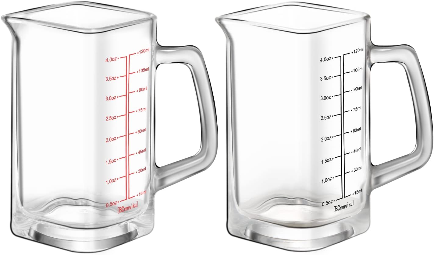 エスプレッソショットグラス 計量カップ 120ml/4oz ショットグラス 目盛り付きハンドル付き コーヒー ミルク 水 お酒グラス ワイングラス 厚み強化 耐熱グラス