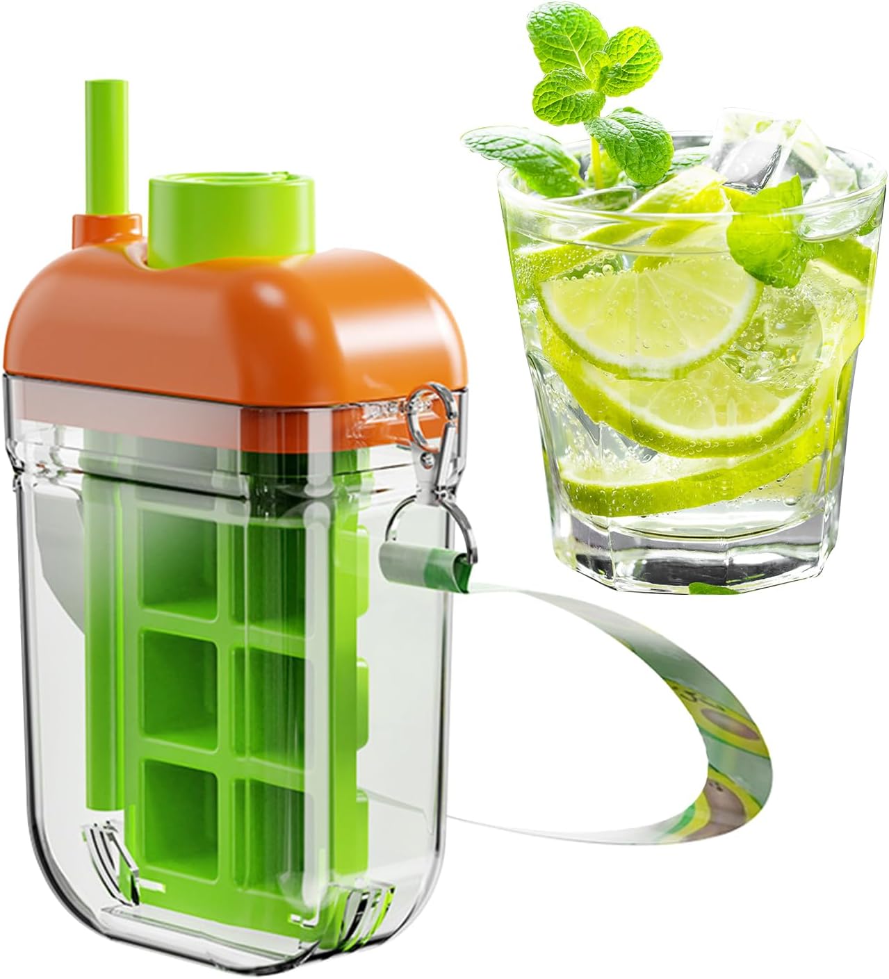 ウォーターボトル型アイスモールド　フタ付きアイスモールドボトルとコンテナ　再利用可能な カップ ストロー付き 飲み物用 簡単脱型